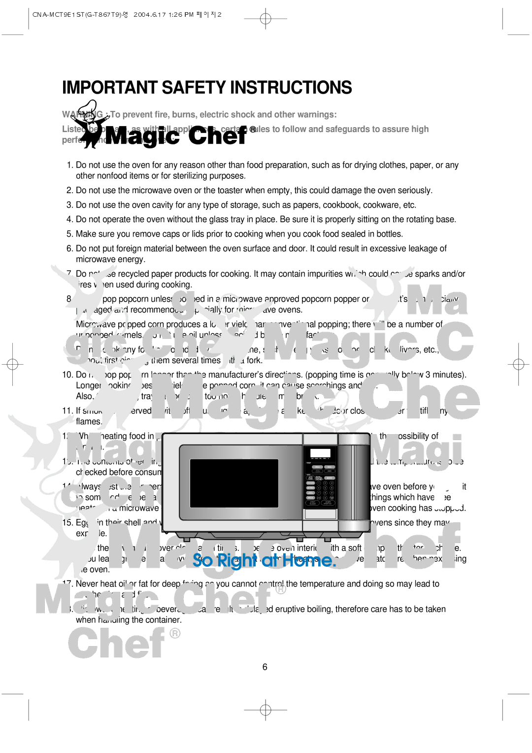 Magic Chef MCT9E1ST manual Important Safety Instructions 