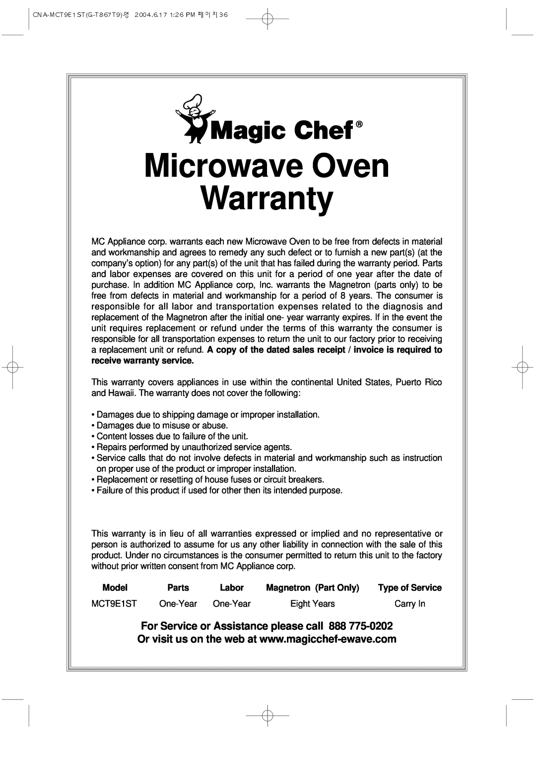 Magic Chef MCT9E1ST manual Microwave Oven Warranty 