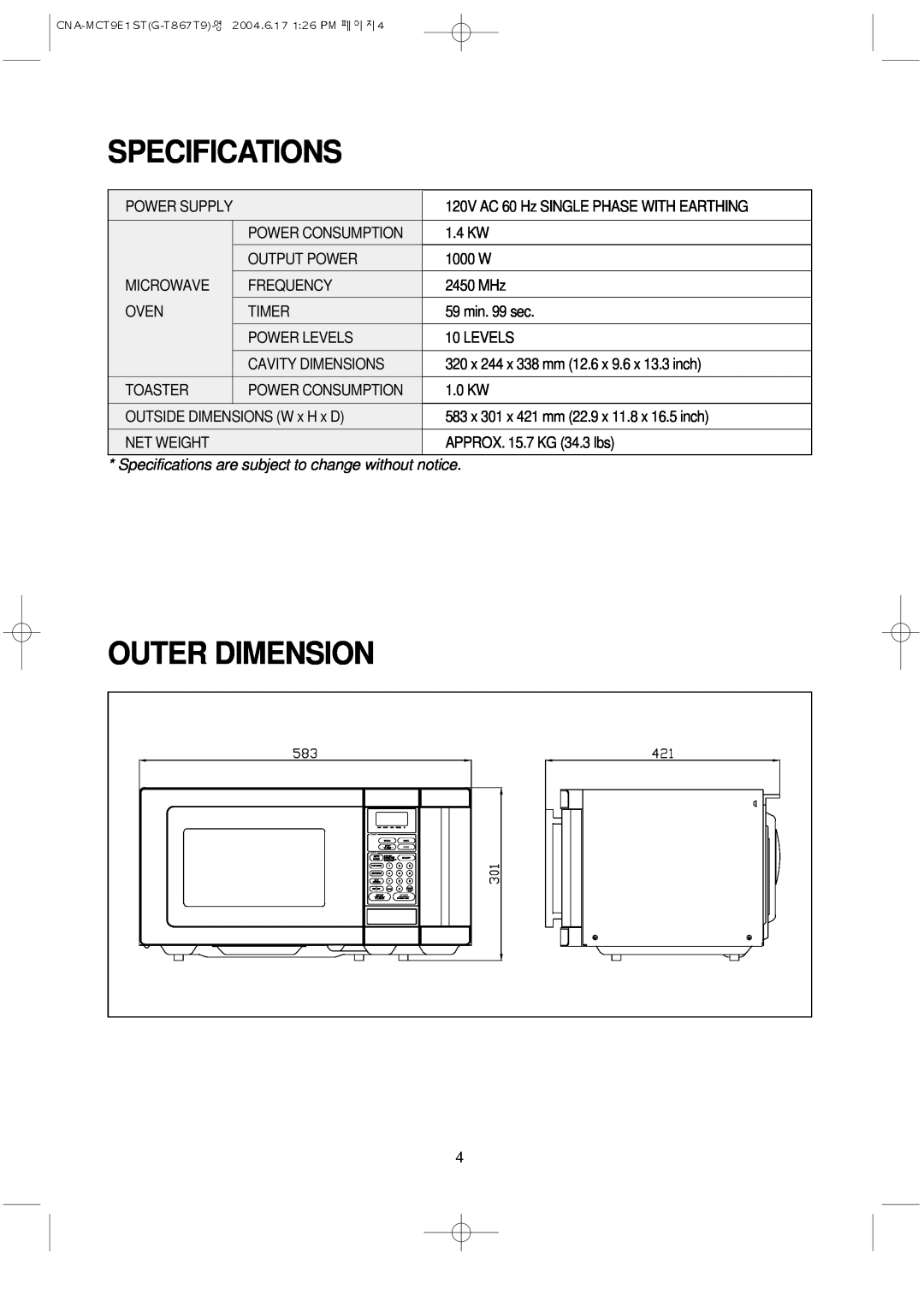 Magic Chef MCT9E1ST manual Outer Dimension, Specifications are subject to change without notice 