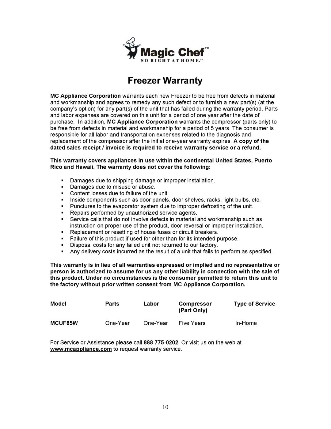 Magic Chef MCUF85W instruction manual Freezer Warranty, Type of Service 