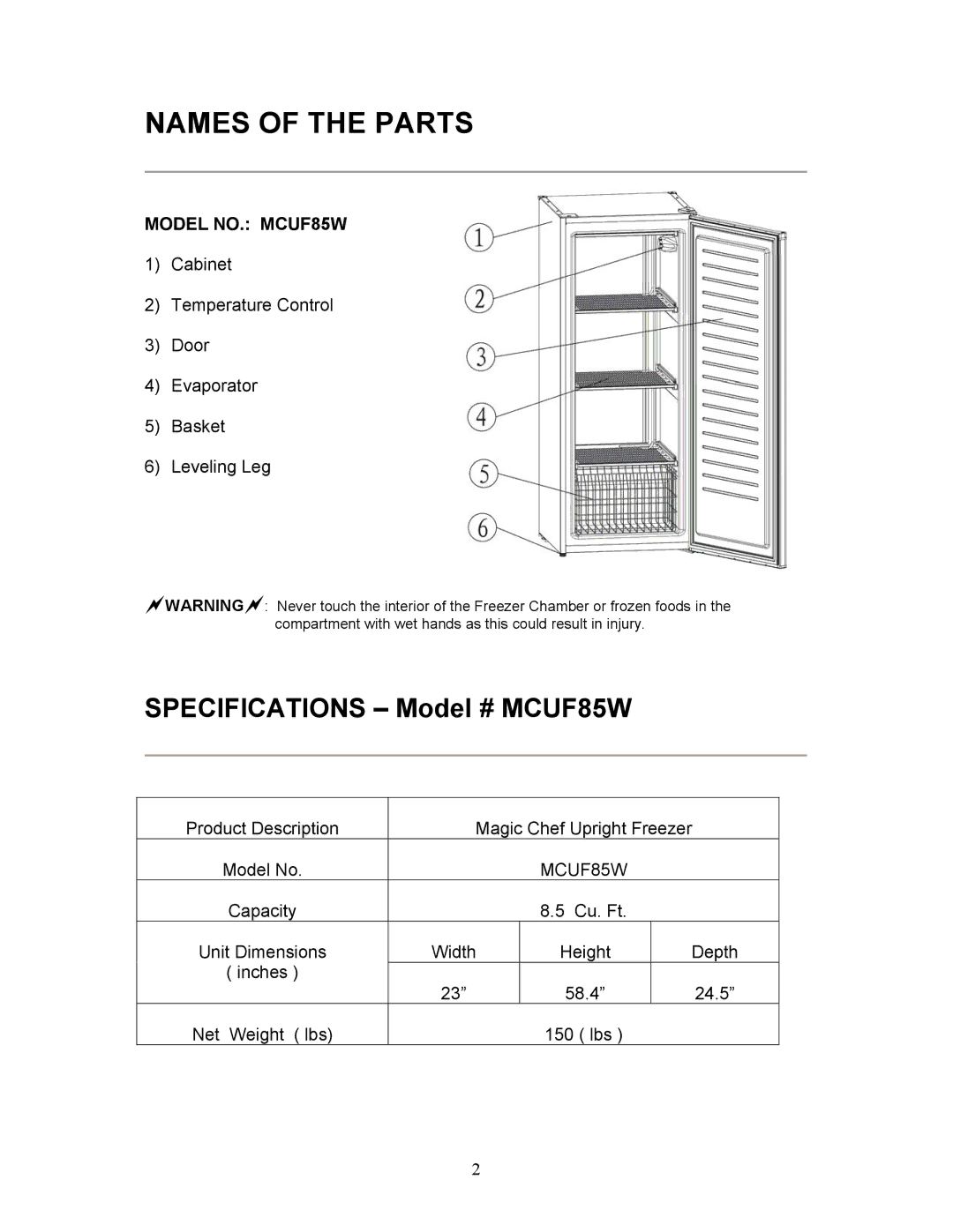 Magic Chef instruction manual Names of the Parts, Specifications Model # MCUF85W 