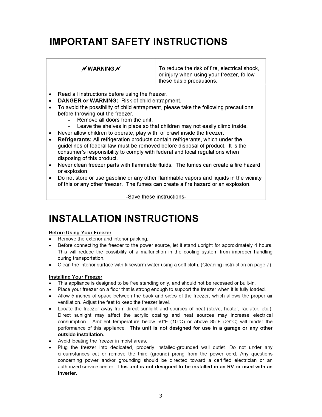 Magic Chef MCUF85W instruction manual Important Safety Instructions, Installation Instructions, Before Using Your Freezer 