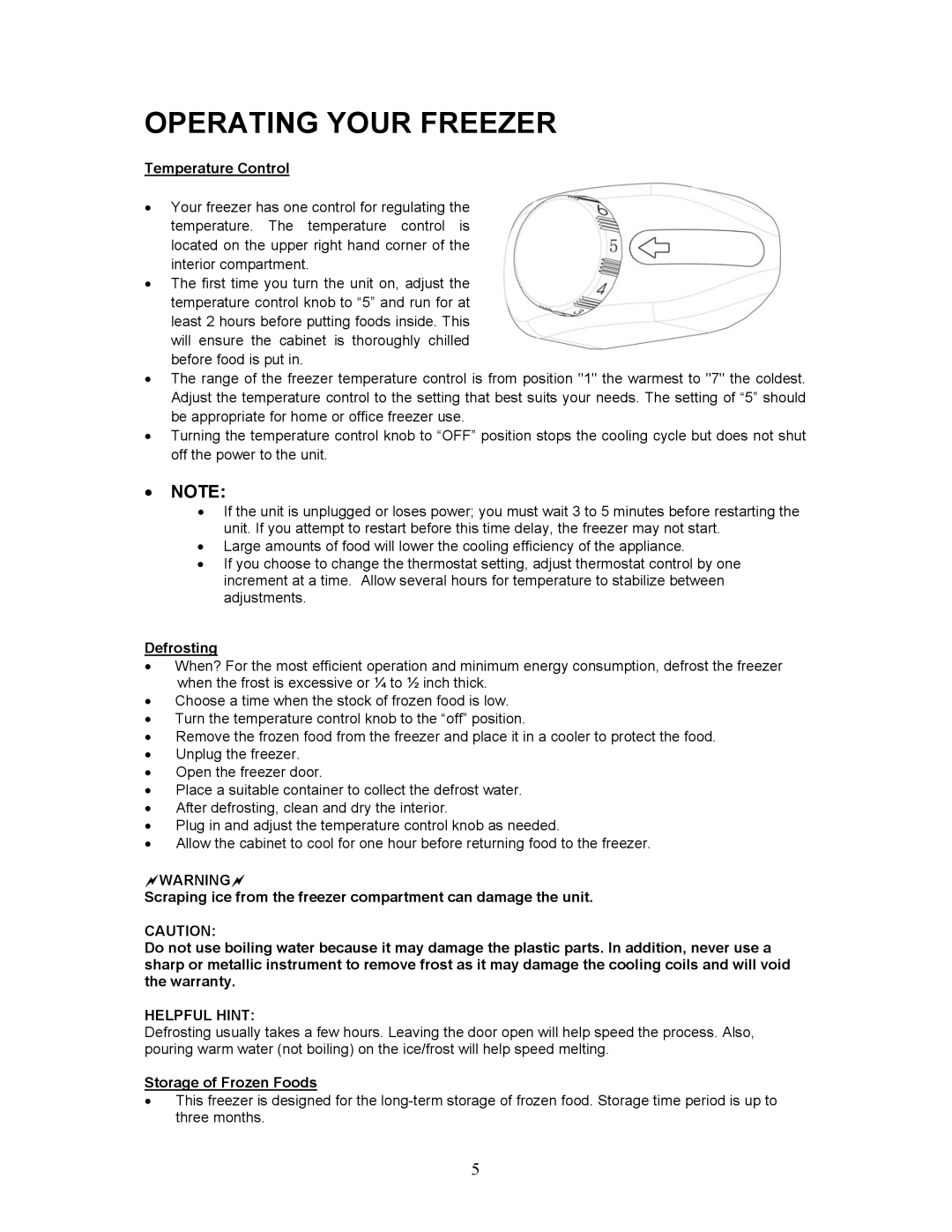 Magic Chef MCUF85W instruction manual Operating Your Freezer, Temperature Control, Defrosting, Storage of Frozen Foods 