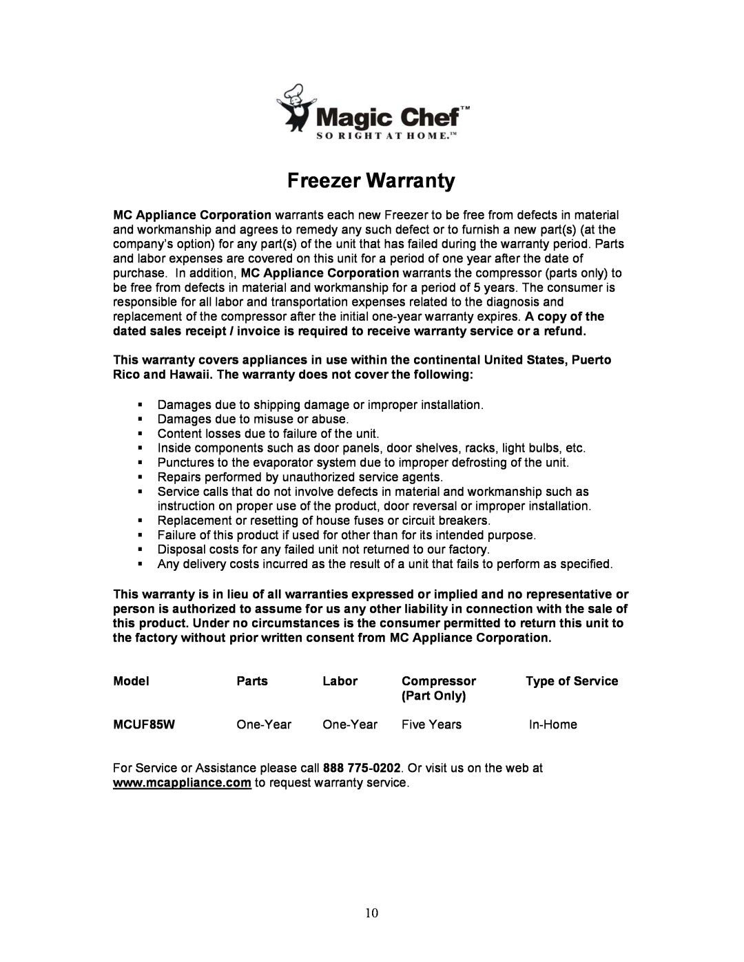 Magic Chef MCUF85W instruction manual Freezer Warranty 