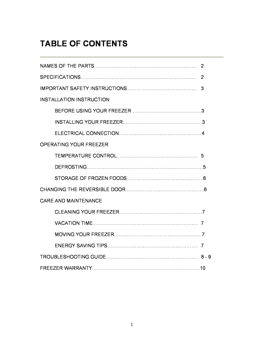 Magic Chef MCUF85W instruction manual Table Of Contents 