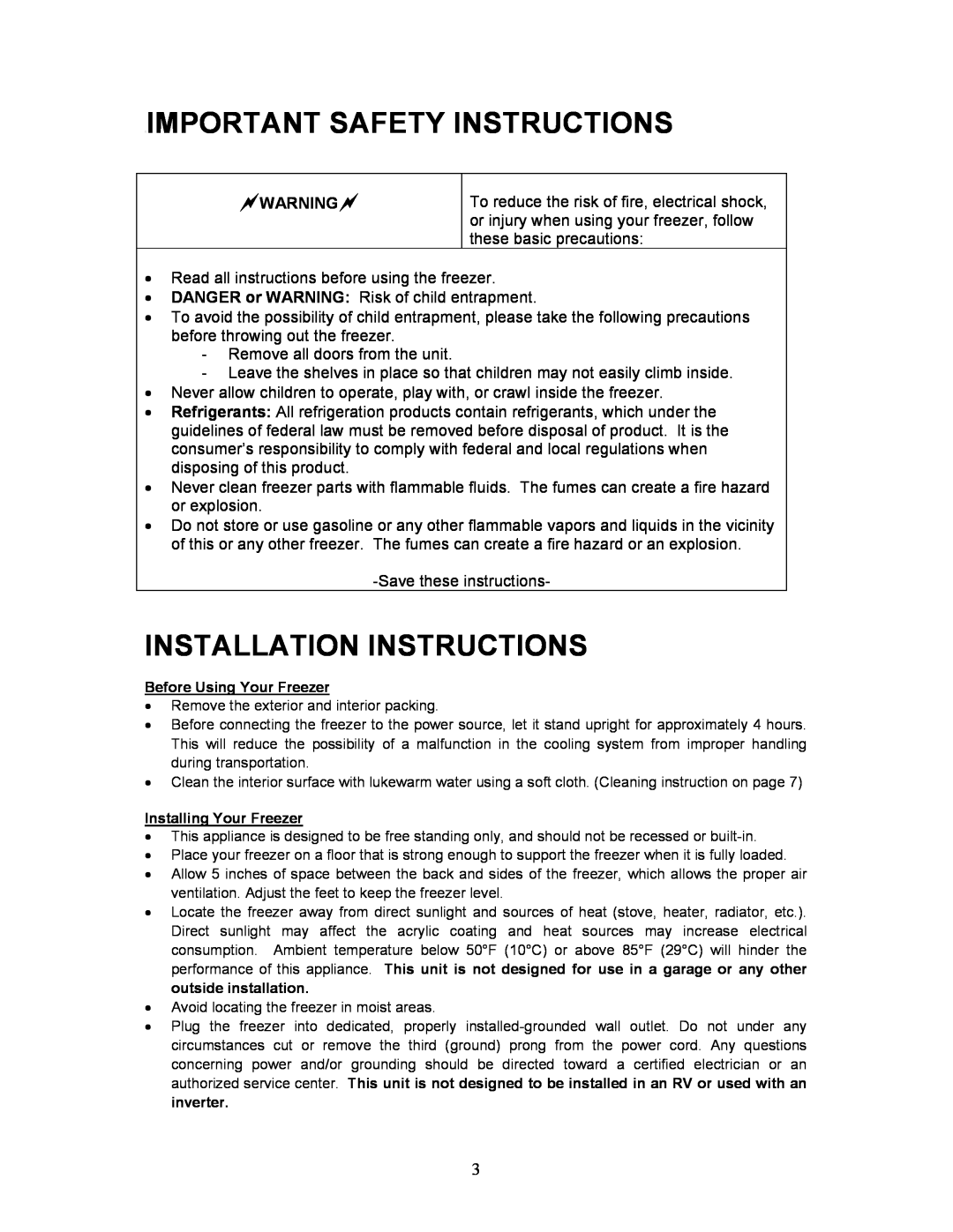 Magic Chef MCUF85W instruction manual Important Safety Instructions, Installation Instructions 