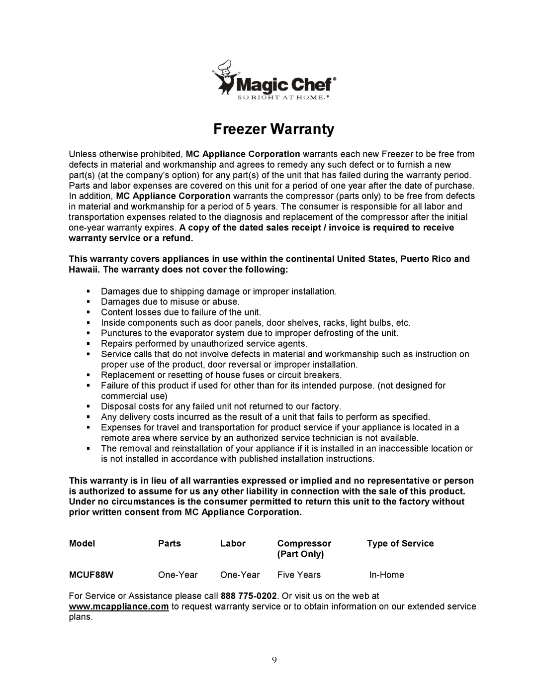 Magic Chef MCUF88W instruction manual Freezer Warranty, Type of Service 