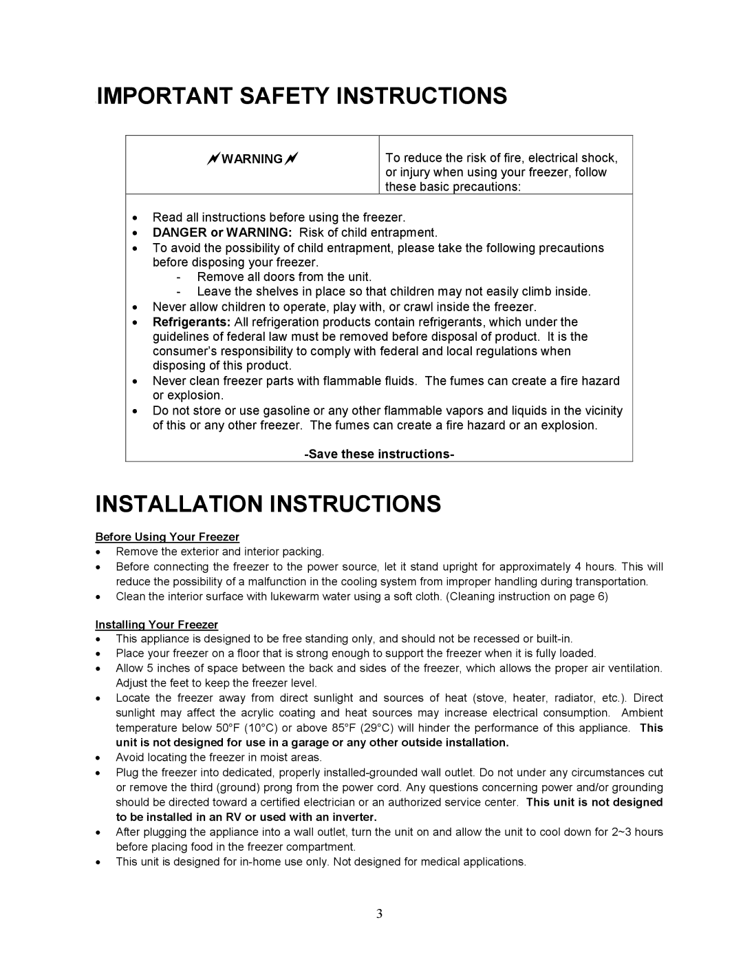 Magic Chef MCUF88W instruction manual Important Safety Instructions, Installation Instructions, Before Using Your Freezer 