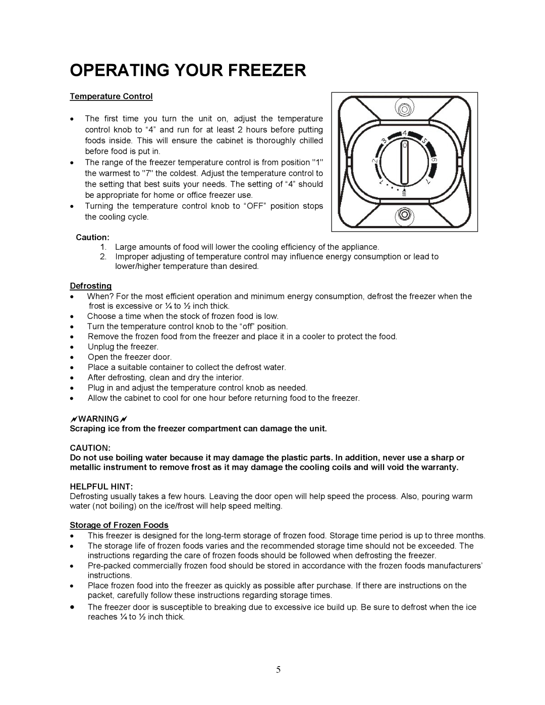 Magic Chef MCUF88W instruction manual Operating Your Freezer, Temperature Control, Defrosting, Storage of Frozen Foods 