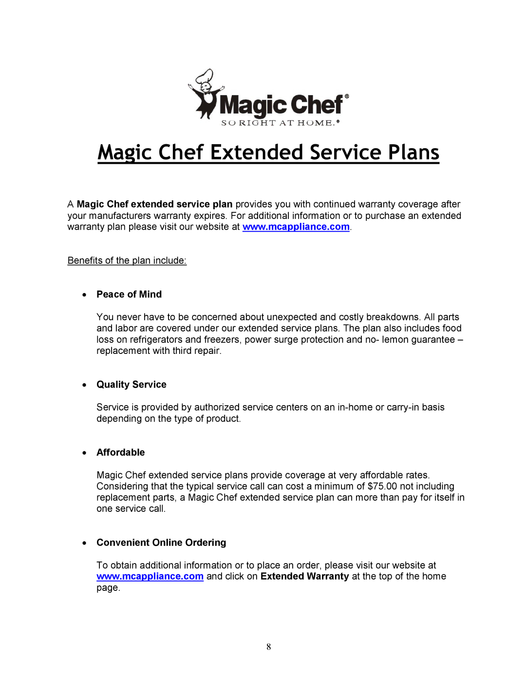 Magic Chef MCUF88W instruction manual Magic Chef Extended Service Plans 