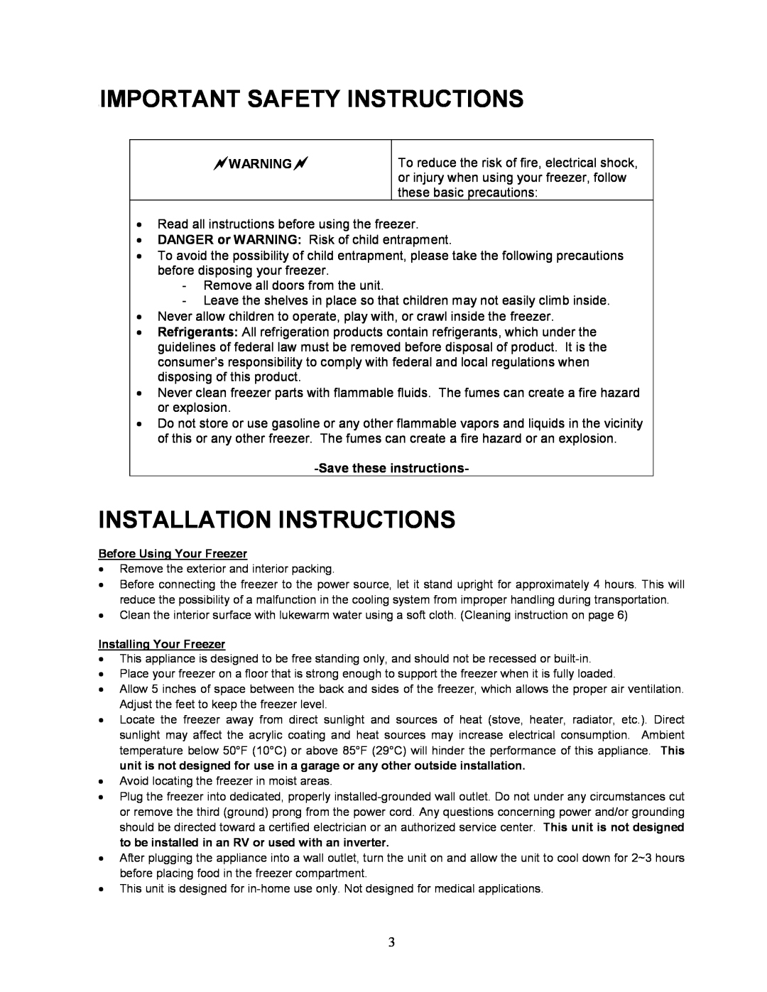 Magic Chef MCUF88W instruction manual Important Safety Instructions, Installation Instructions, Savethese instructions 