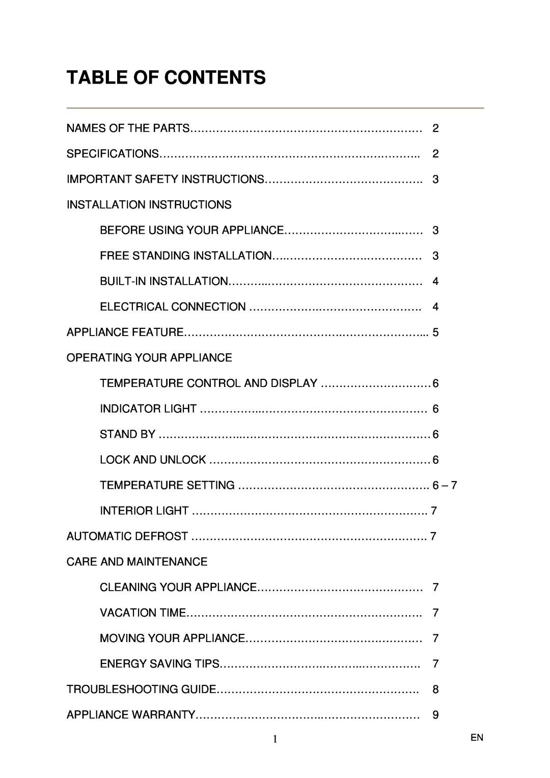 Magic Chef MCWBC77DZC instruction manual Table Of Contents 