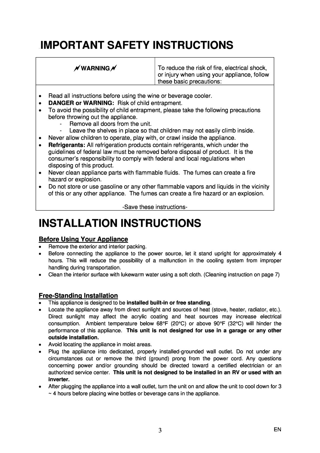 Magic Chef MCWBC77DZC Important Safety Instructions, Installation Instructions, Before Using Your Appliance 