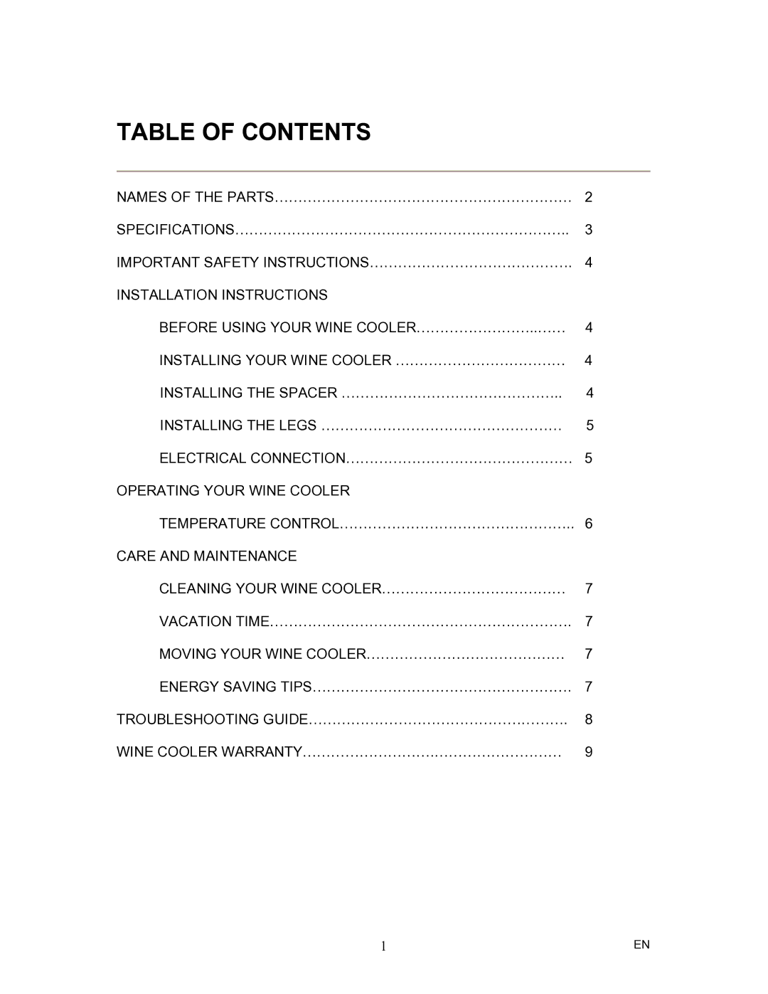 Magic Chef MCWC12SV instruction manual Table of Contents 