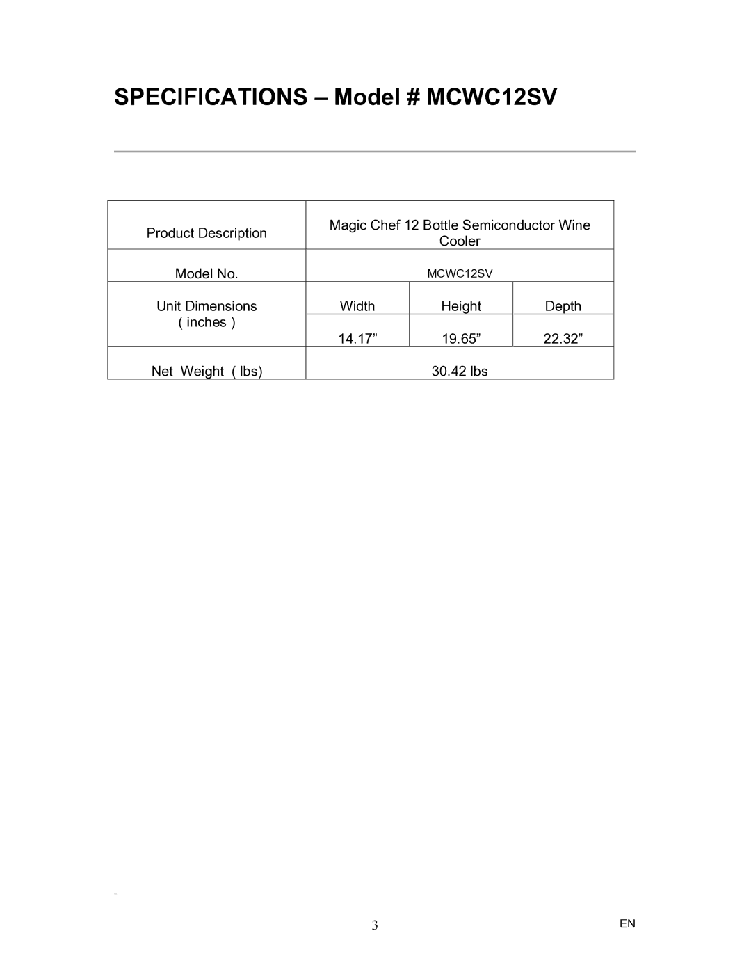 Magic Chef instruction manual Specifications Model # MCWC12SV 