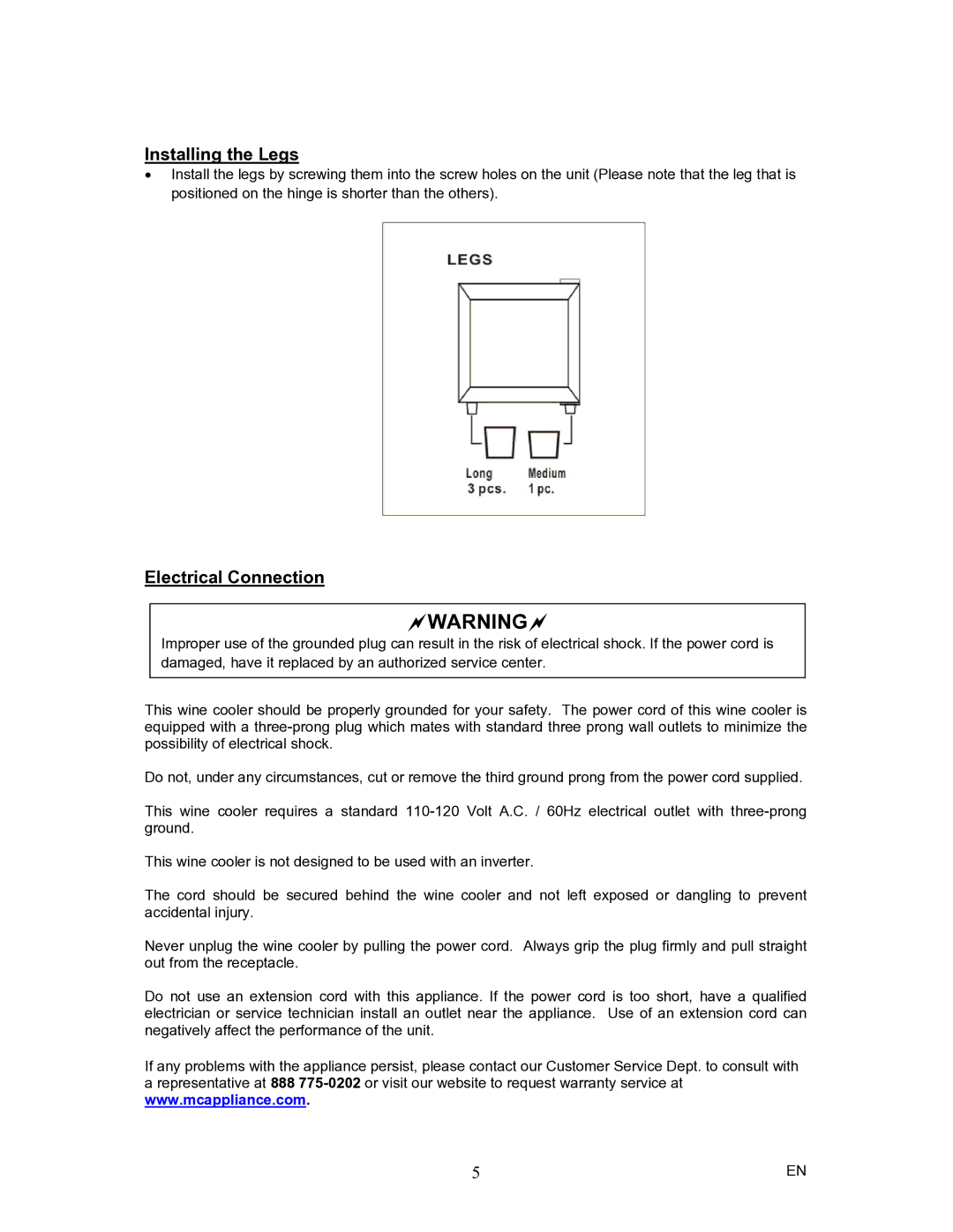 Magic Chef MCWC12SV instruction manual Installing the Legs, Electrical Connection 