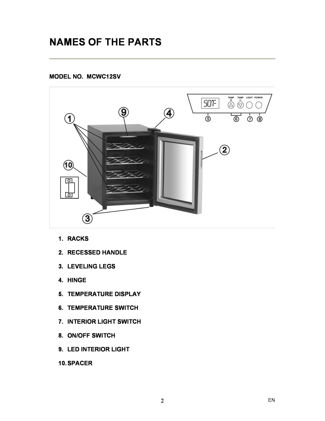 Magic Chef Names Of The Parts, MODEL NO. MCWC12SV 1.RACKS 2.RECESSED HANDLE, TEMPERATURE SWITCH 7.INTERIOR LIGHT SWITCH 