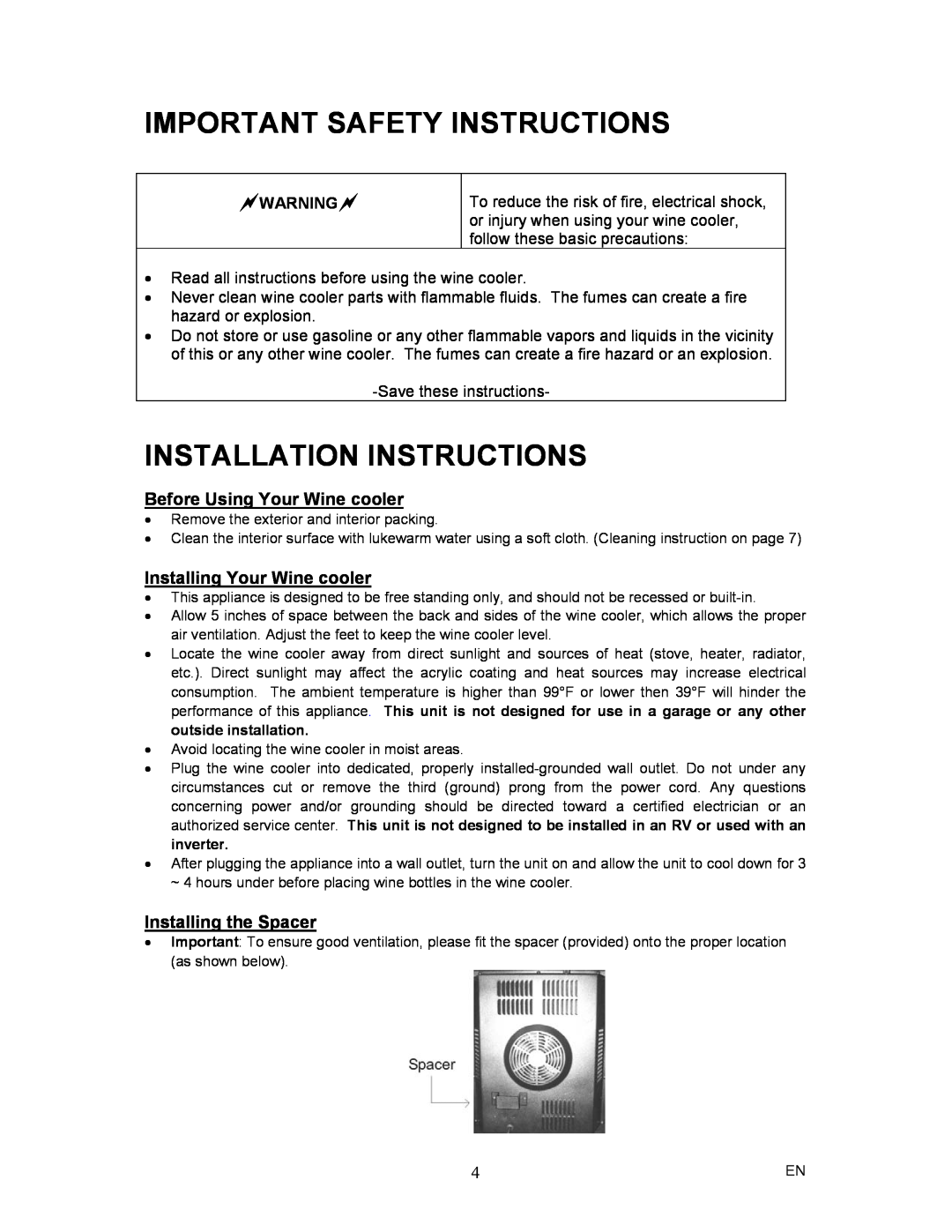 Magic Chef MCWC12SV Important Safety Instructions, Installation Instructions, Before Using Your Wine cooler 
