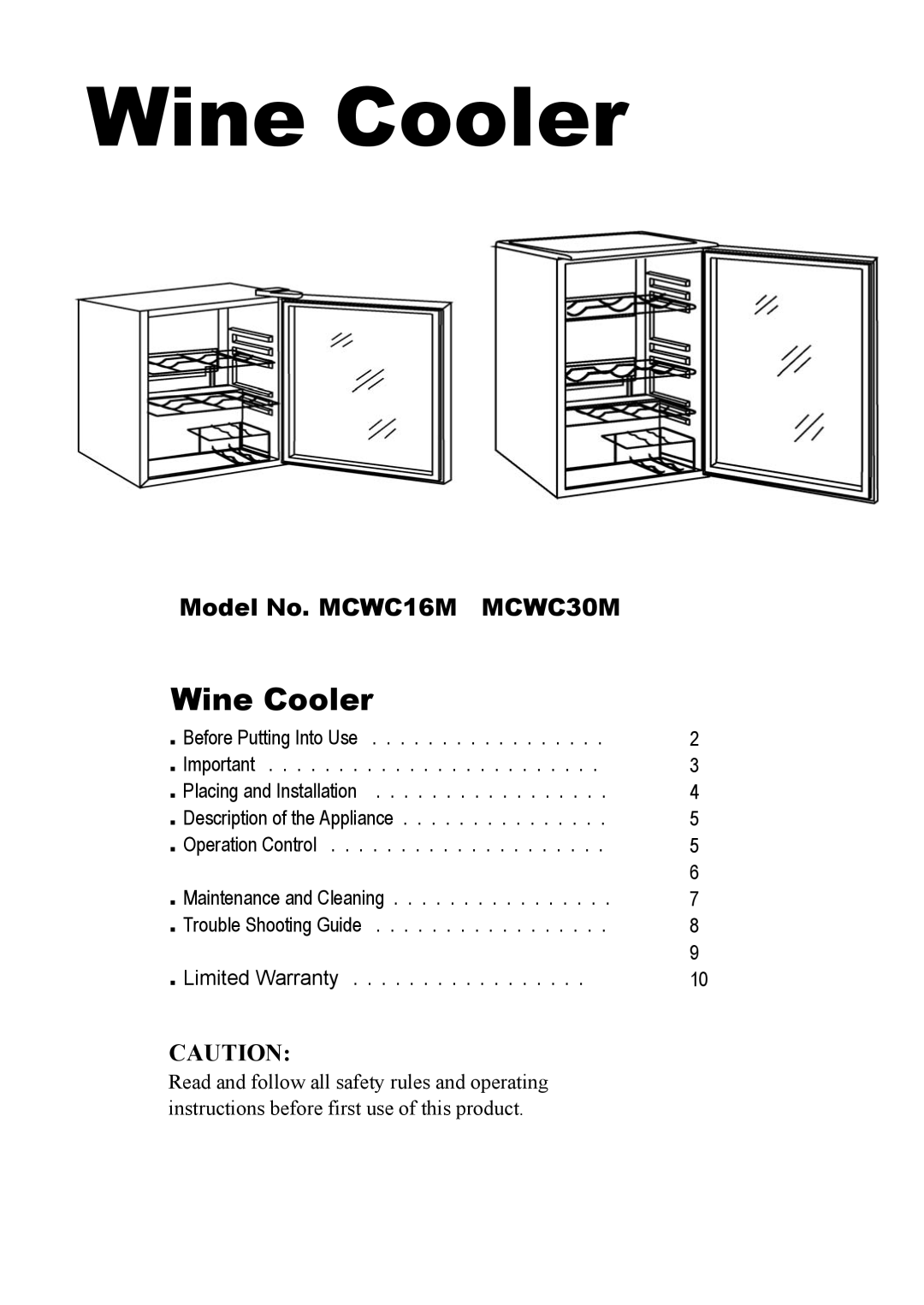 Magic Chef MCWC30M, MCWC16M operating instructions Wine Cooler 