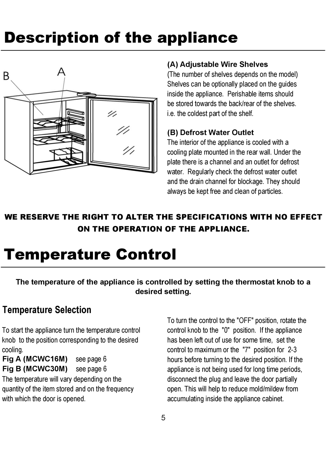 Magic Chef MCWC16M, MCWC30M operating instructions Description of the appliance, Temperature Control, Temperature Selection 