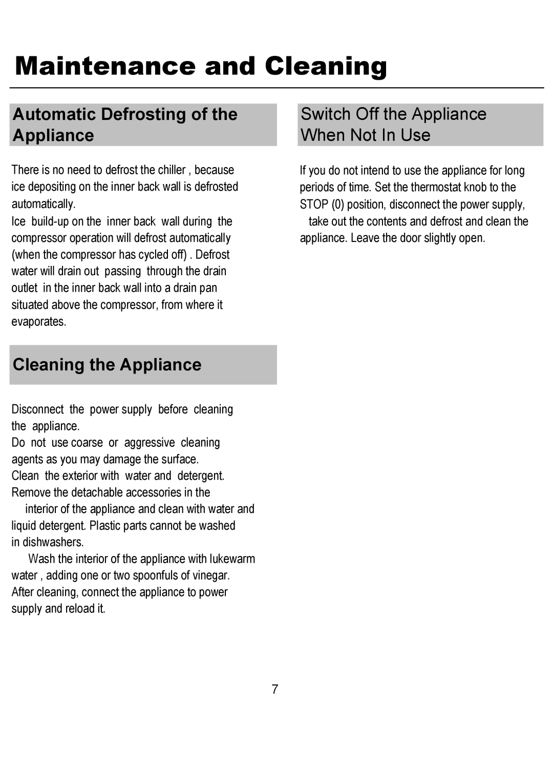 Magic Chef MCWC16M, MCWC30M Maintenance and Cleaning, Automatic Defrosting of the Appliance, Cleaning the Appliance 