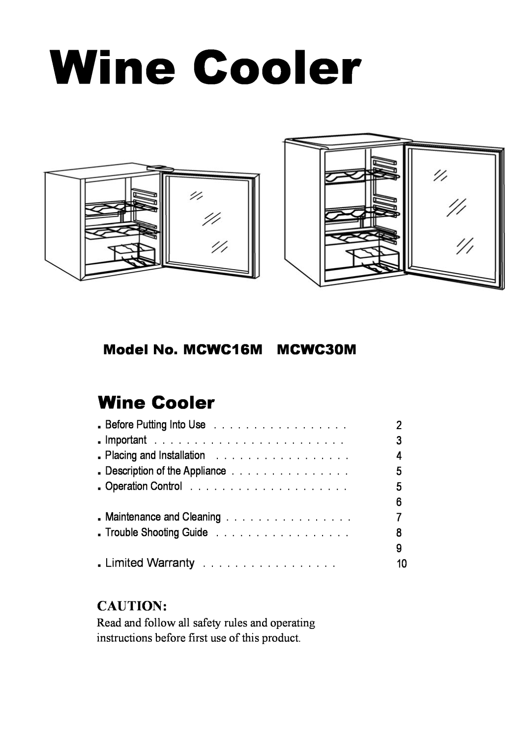 Magic Chef operating instructions Wine Cooler, Model No. MCWC16M MCWC30M 