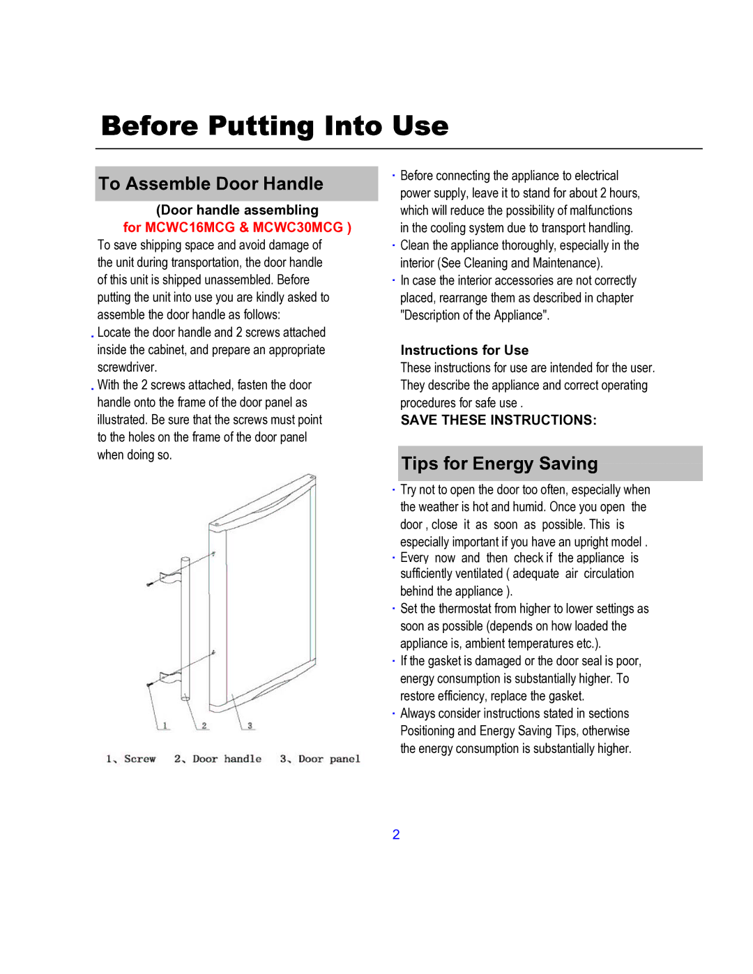 Magic Chef MCWC30MCG Before Putting Into Use, To Assemble Door Handle, Tips for Energy Saving, Door handle assembling 