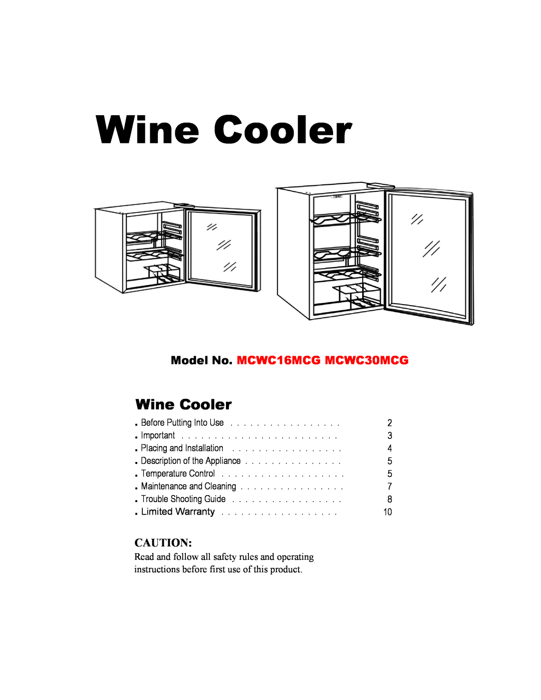 Magic Chef operating instructions Wine Cooler, Model No. MCWC16MCG MCWC30MCG 