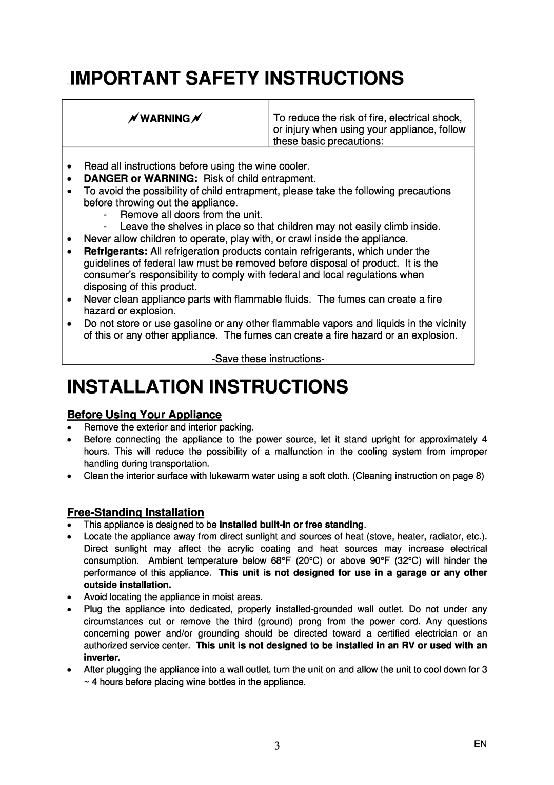 Magic Chef MCWC44DZ Important Safety Instructions, Installation Instructions, Before Using Your Appliance 