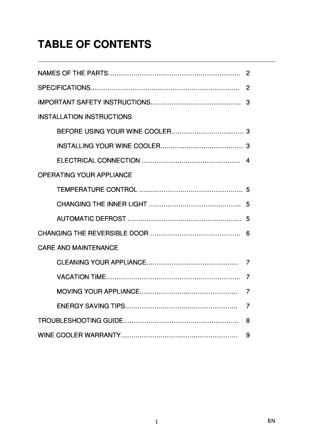 Magic Chef MCWC45A instruction manual Table Of Contents 