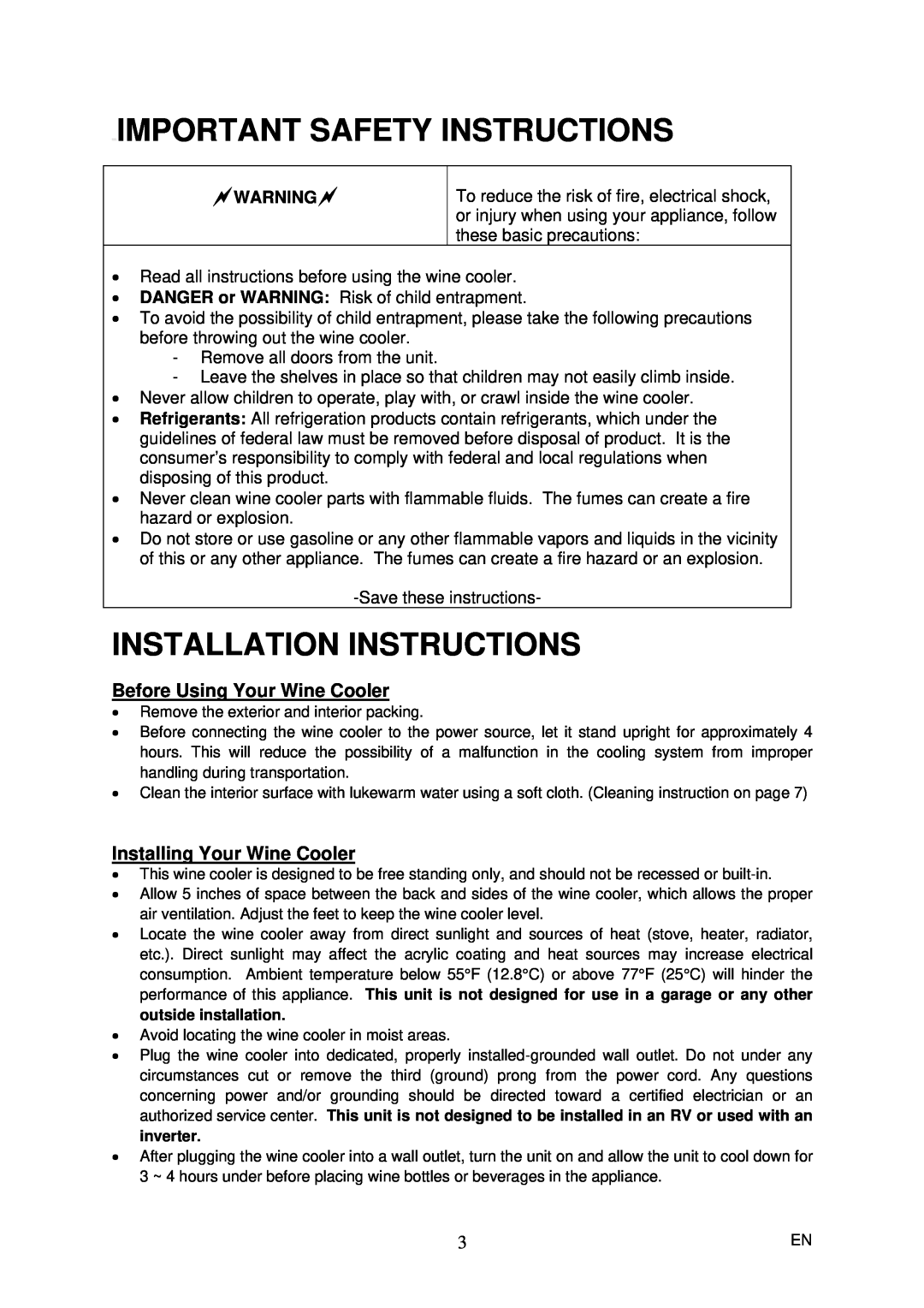 Magic Chef MCWC45A Important Safety Instructions, Installation Instructions, Before Using Your Wine Cooler 
