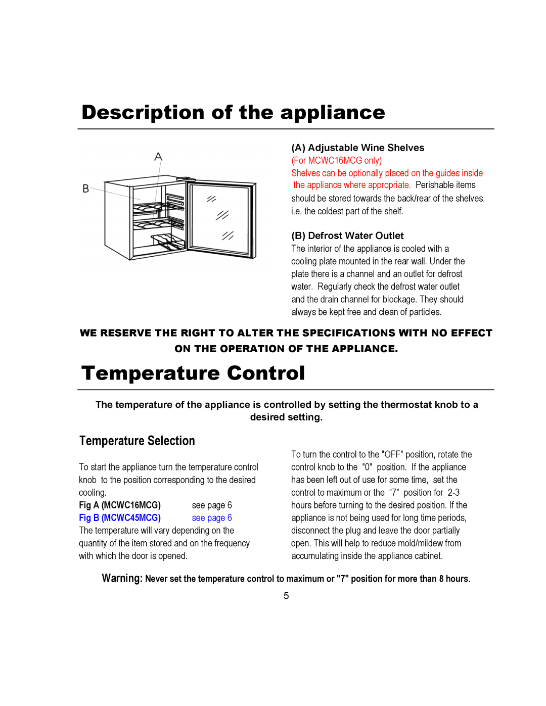 Magic Chef MCWC45MCG warranty Description of the appliance, Temperature Control, Temperature Selection 