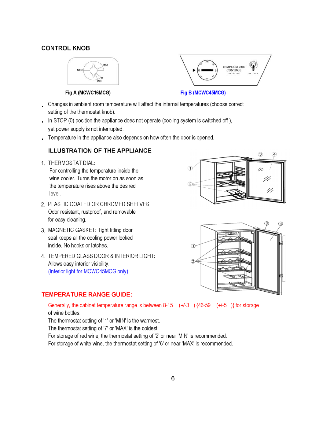 Magic Chef MCWC45MCG warranty Temperature Range Guide 