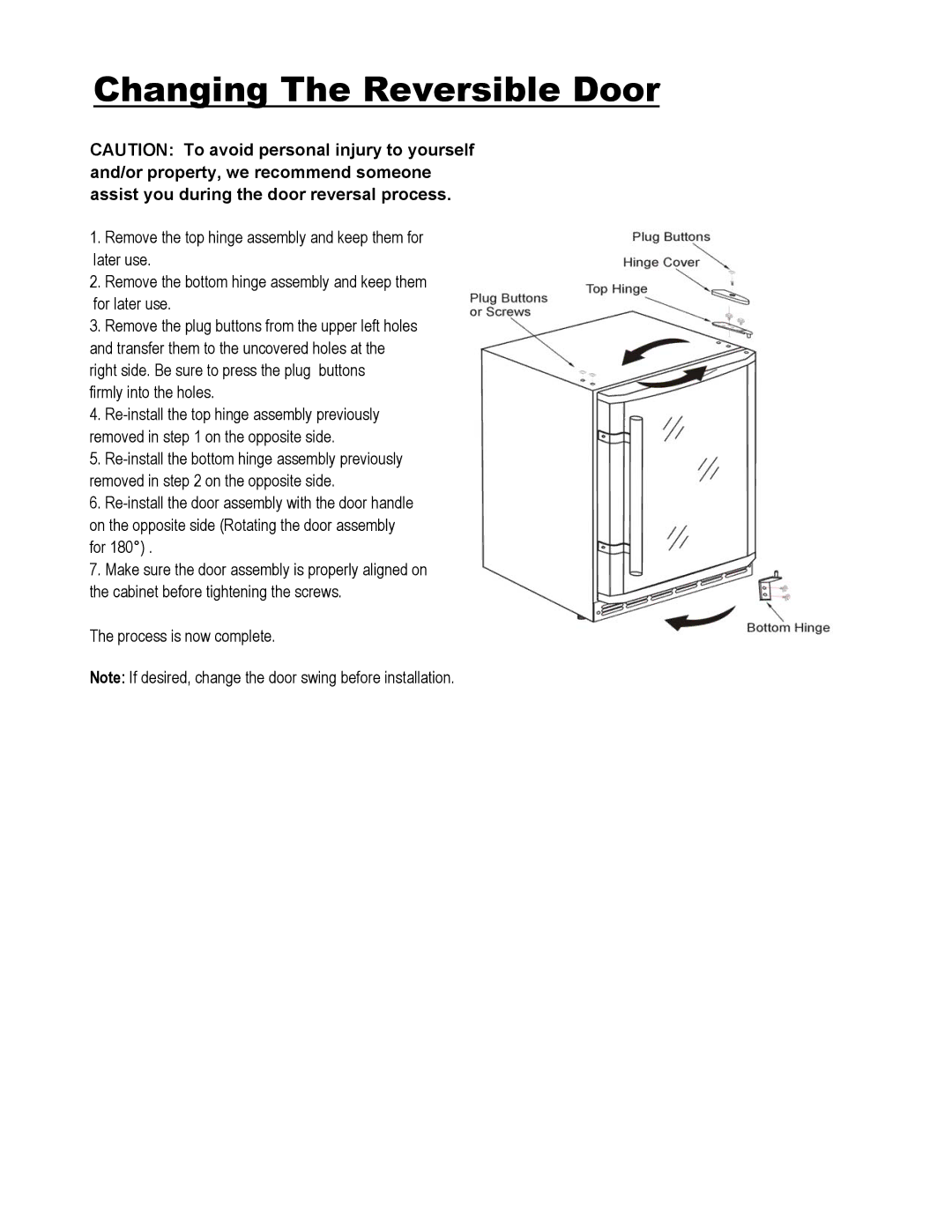 Magic Chef MCWC50DBT, MCBC580DBT warranty Changing The Reversible Door 