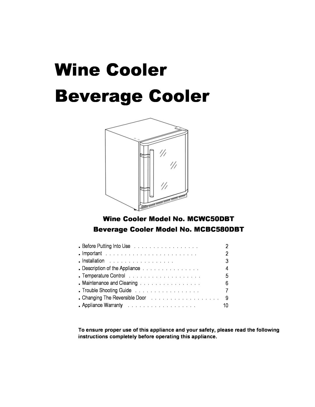 Magic Chef warranty Wine Cooler Model No. MCWC50DBT, Beverage Cooler Model No. MCBC580DBT, Wine Cooler Beverage Cooler 