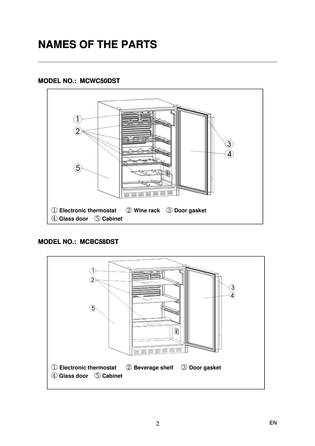 Magic Chef instruction manual Names Of The Parts, MODEL NO. MCWC50DST, MODEL NO. MCBC58DST, ④ Glass door ⑤ Cabinet 