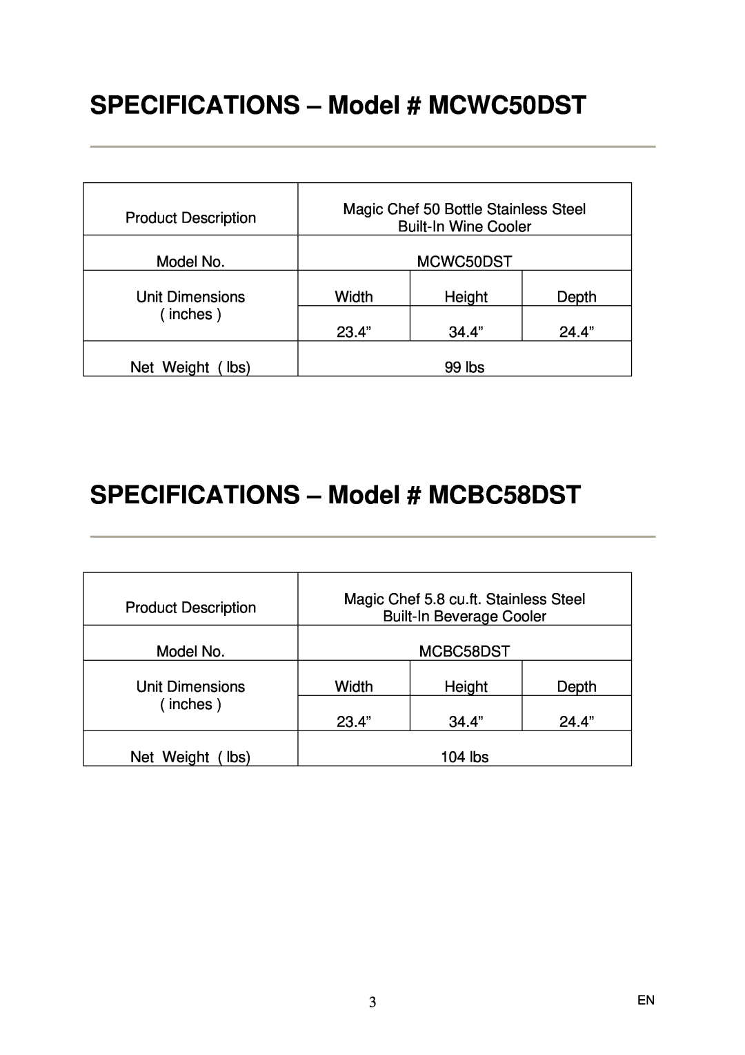 Magic Chef instruction manual SPECIFICATIONS - Model # MCWC50DST, SPECIFICATIONS - Model # MCBC58DST 
