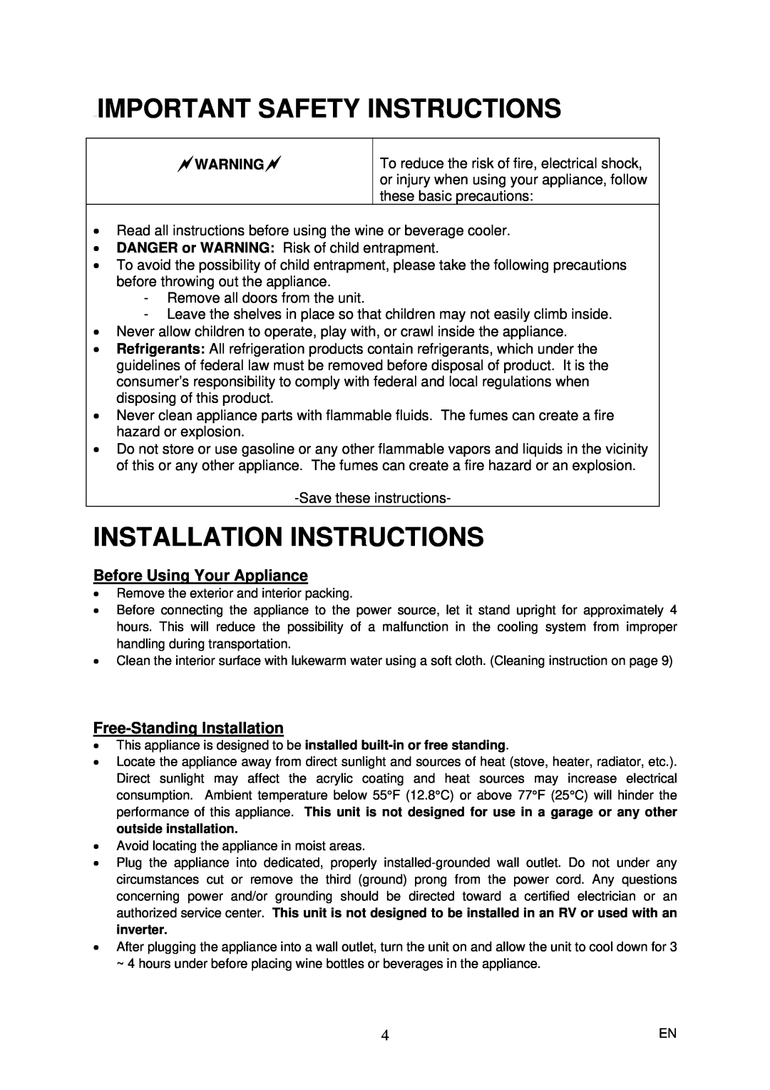Magic Chef MCWC50DST Important Safety Instructions, Installation Instructions, Before Using Your Appliance 