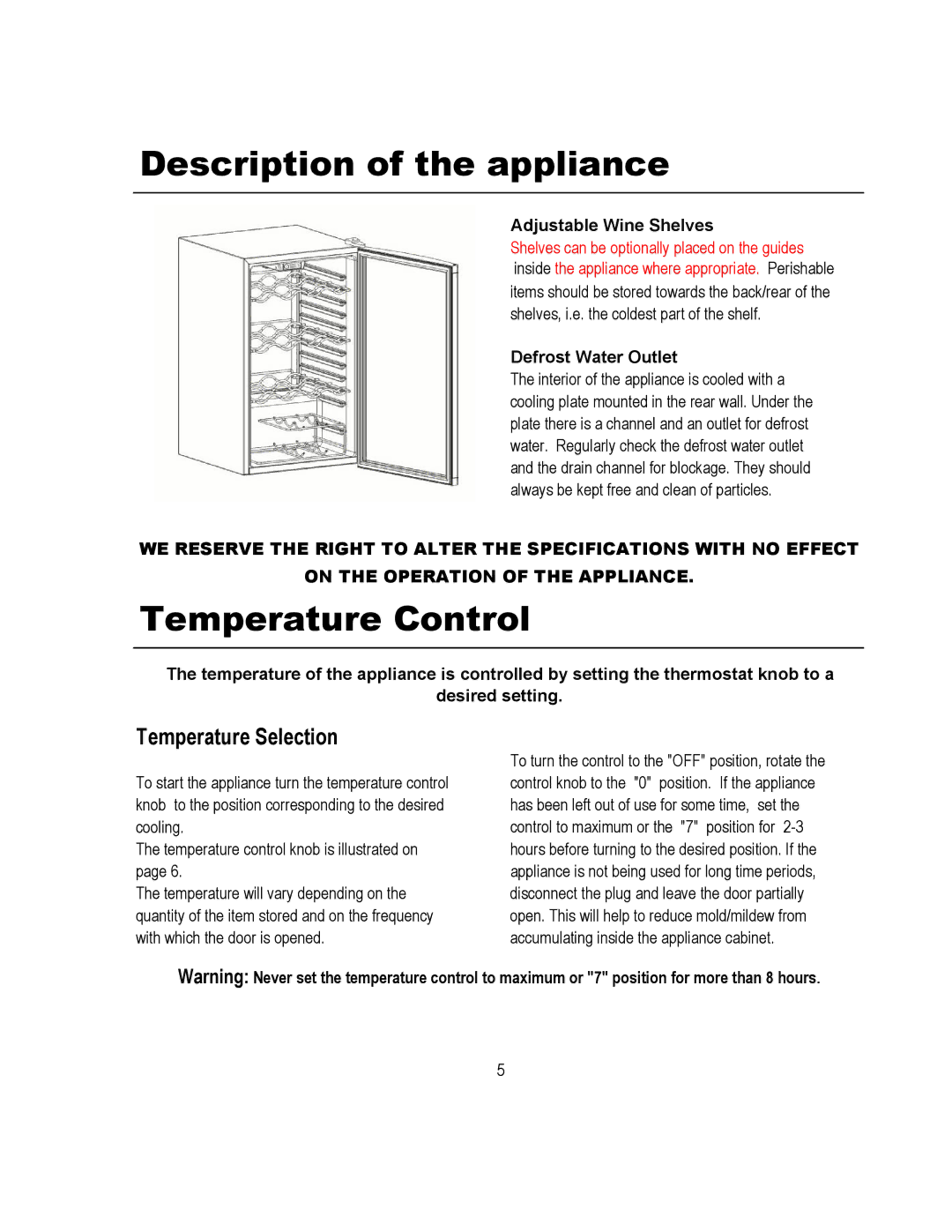 Magic Chef MCWC52B warranty Description of the appliance, Temperature Control, Temperature Selection 