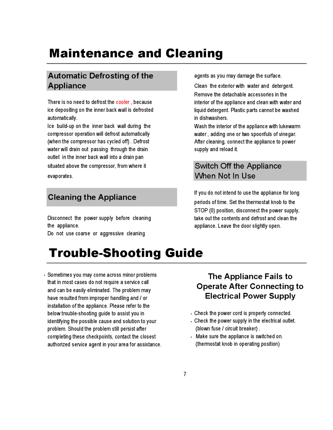 Magic Chef MCWC52B warranty Maintenance and Cleaning, Trouble-Shooting Guide, Automatic Defrosting of the Appliance 