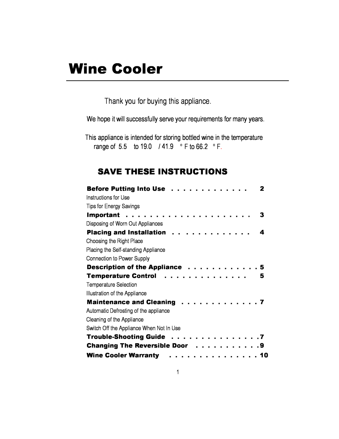 Magic Chef MCWC52B warranty Thank you for buying this appliance, Save These Instructions, Wine Cooler 