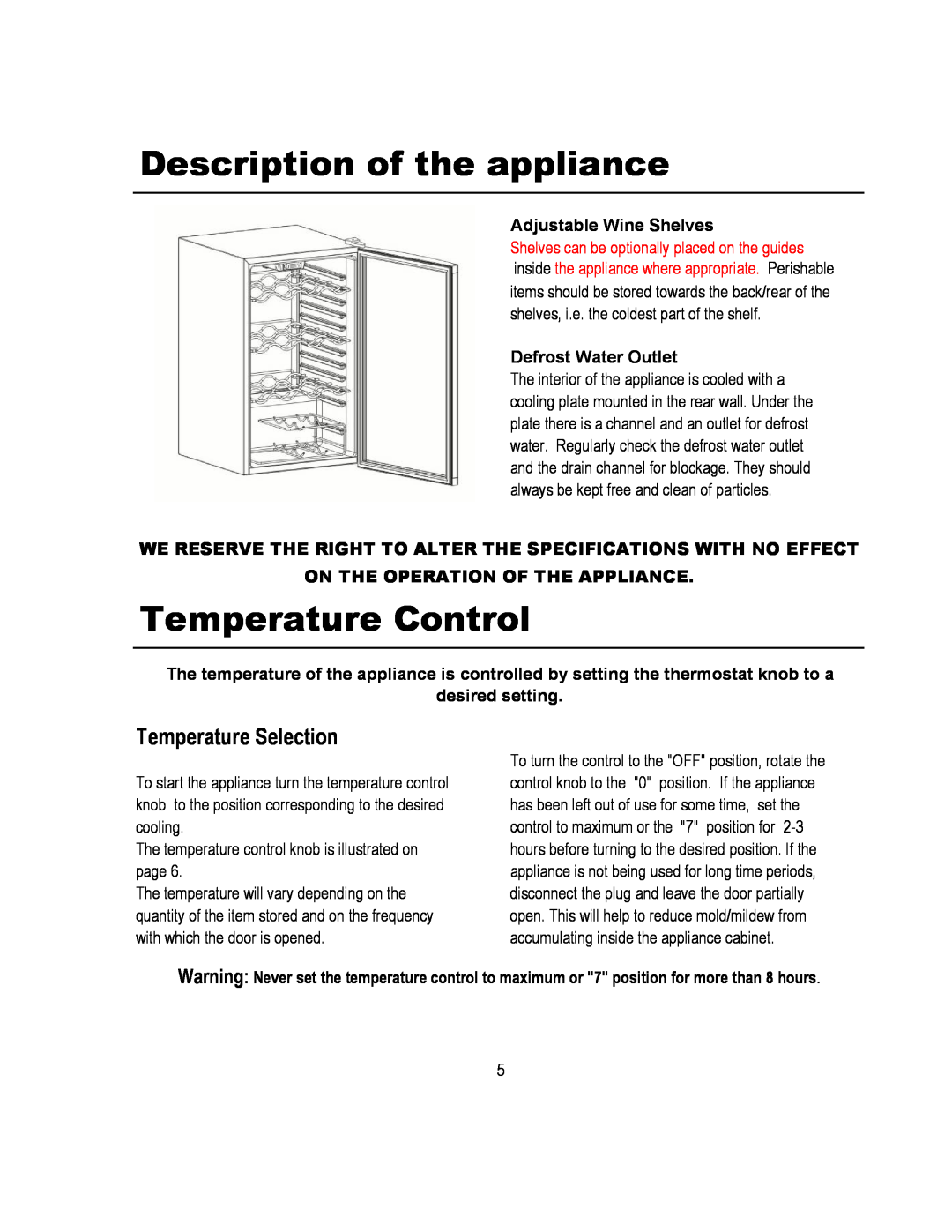 Magic Chef MCWC52B warranty Description of the appliance, Temperature Control, Temperature Selection 
