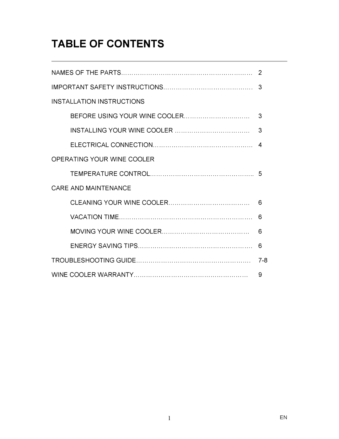 Magic Chef MCWC6B instruction manual Table of Contents 