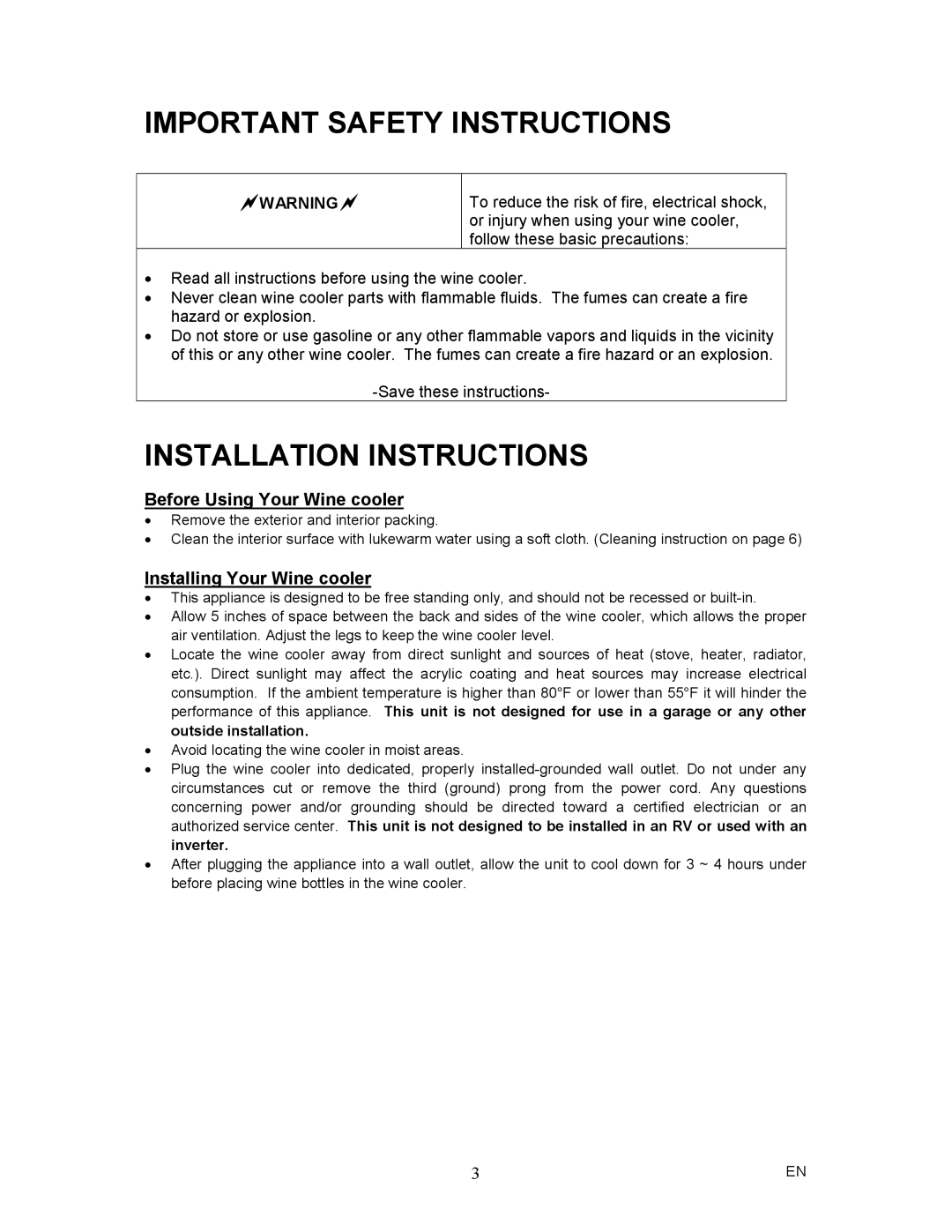 Magic Chef MCWC6B Important Safety Instructions, Installation Instructions, Before Using Your Wine cooler 