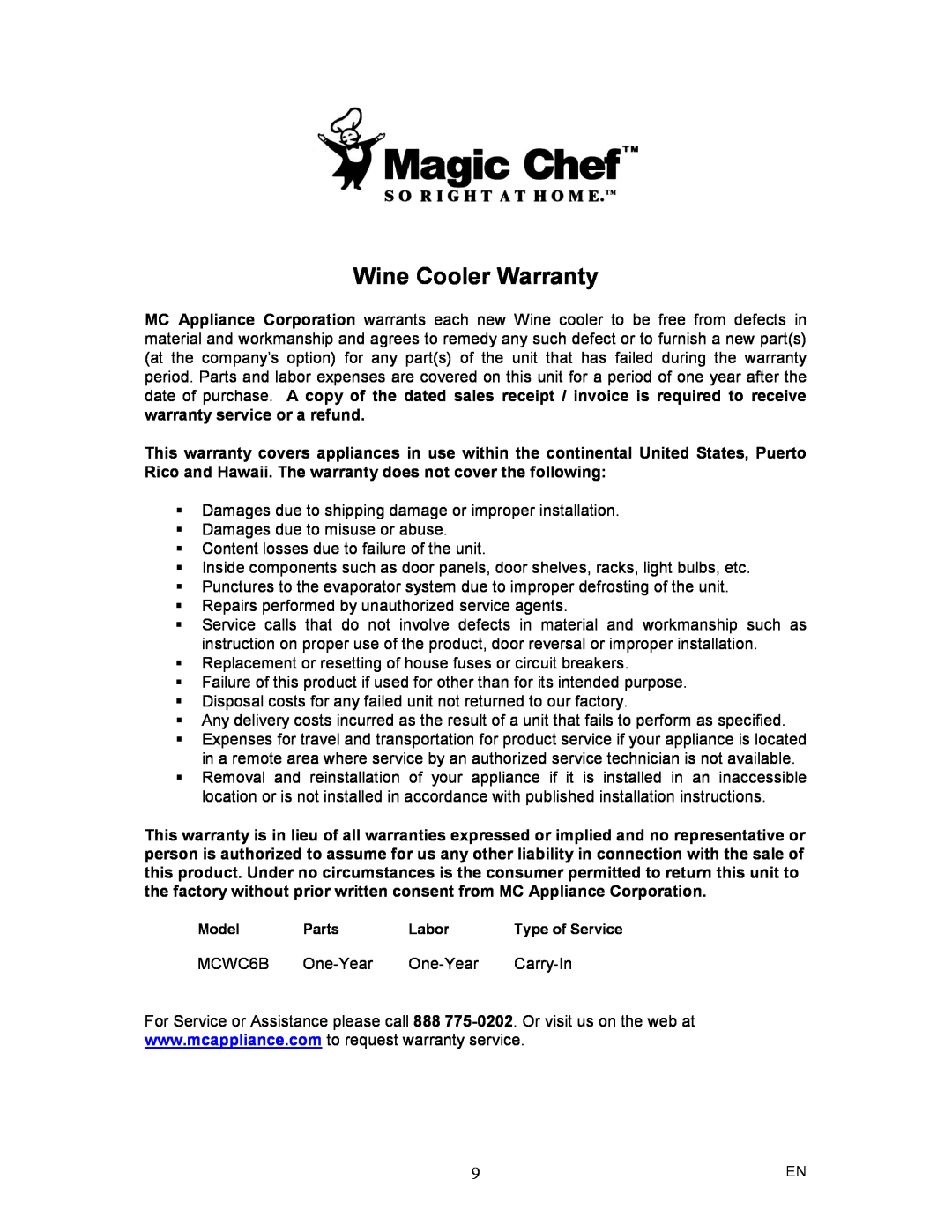 Magic Chef MCWC6B instruction manual Wine Cooler Warranty 