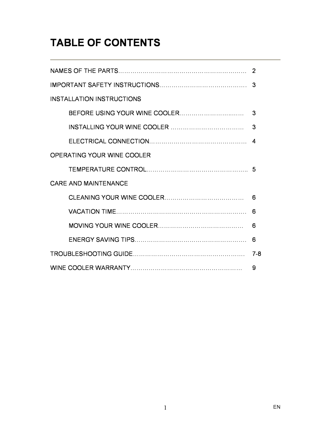 Magic Chef MCWC6B instruction manual Table Of Contents 