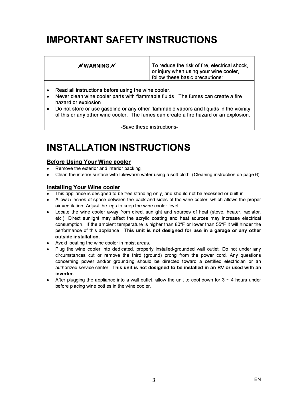 Magic Chef MCWC6B Important Safety Instructions, Installation Instructions, Before Using Your Wine cooler 