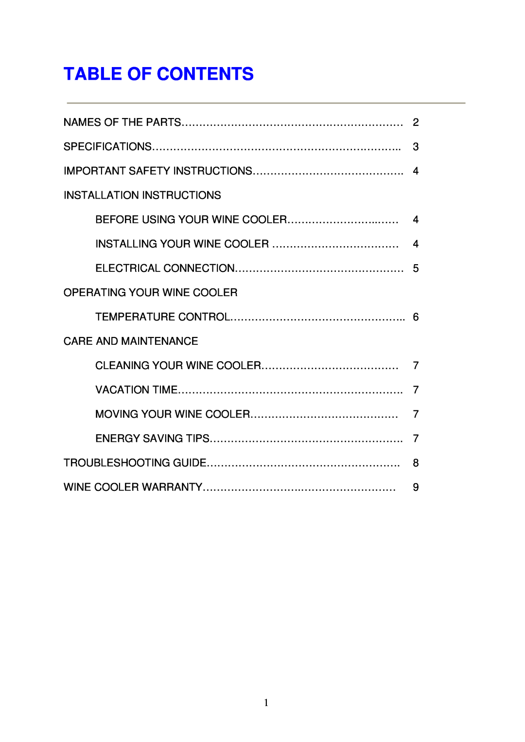 Magic Chef MCWC8DCT2 instruction manual Table Of Contents 