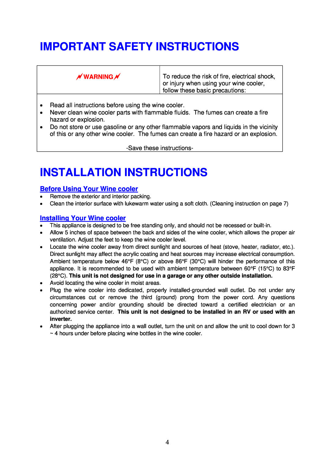 Magic Chef MCWC8DCT2 Important Safety Instructions, Installation Instructions, Before Using Your Wine cooler 