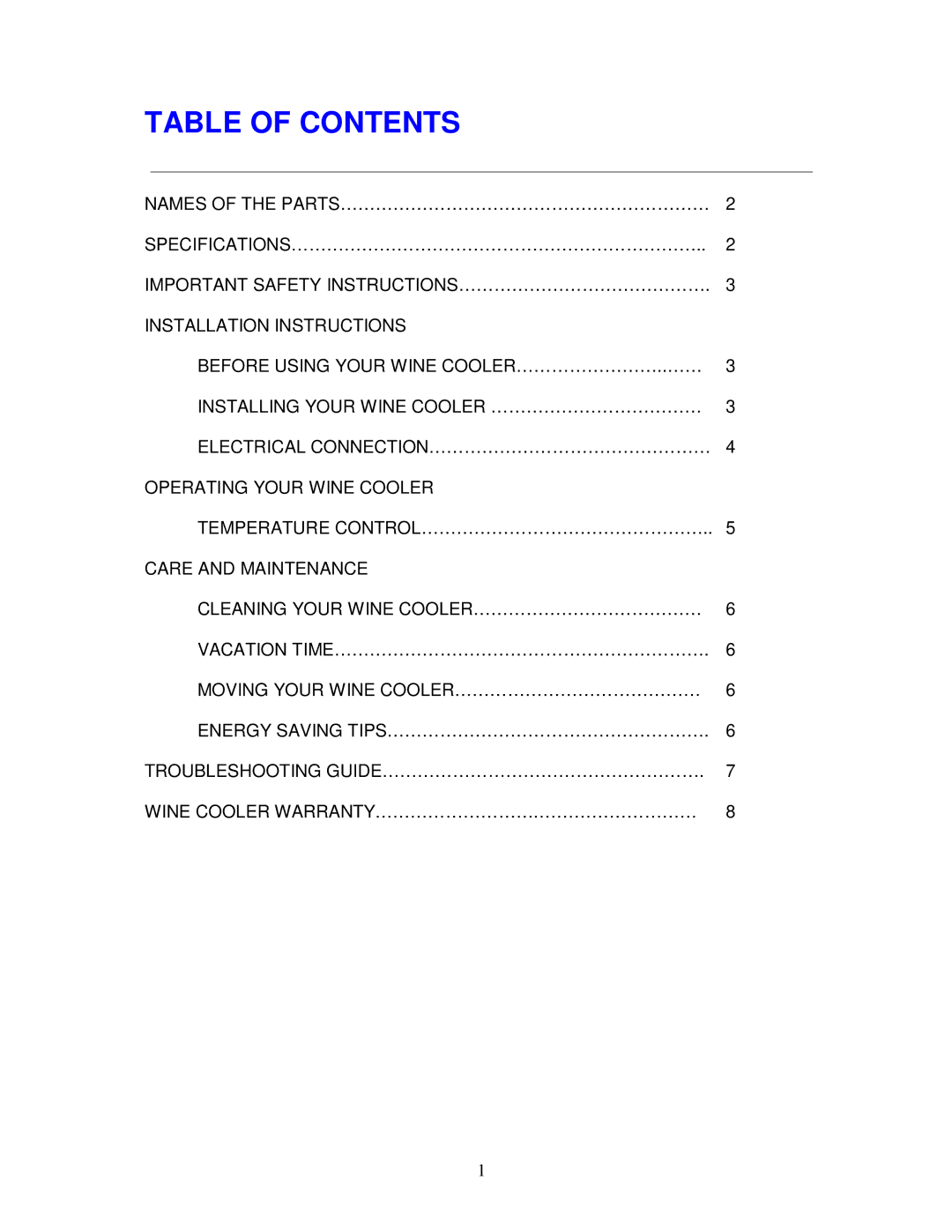 Magic Chef MCWC8DCT3 instruction manual Table of Contents 